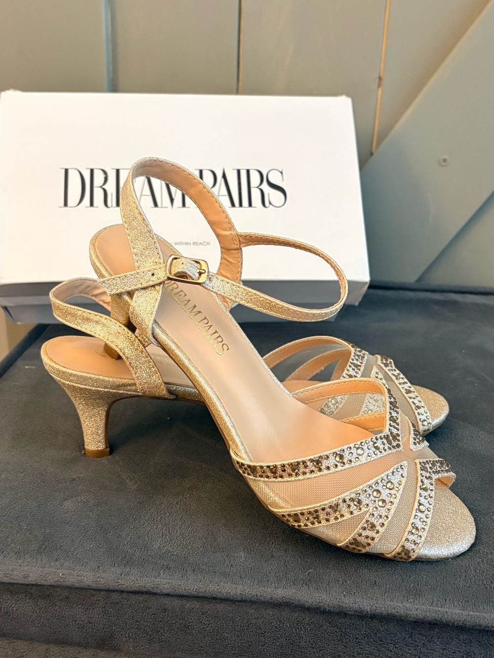 Dream Pairs Gold Glitter Rhinestone Strappy Kitten Heels